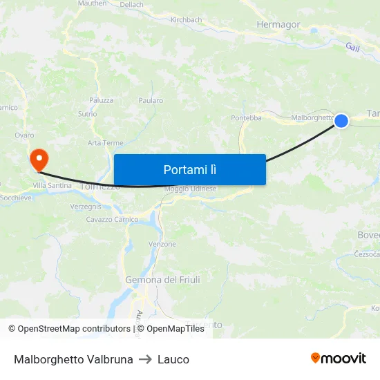 Malborghetto Valbruna to Lauco map