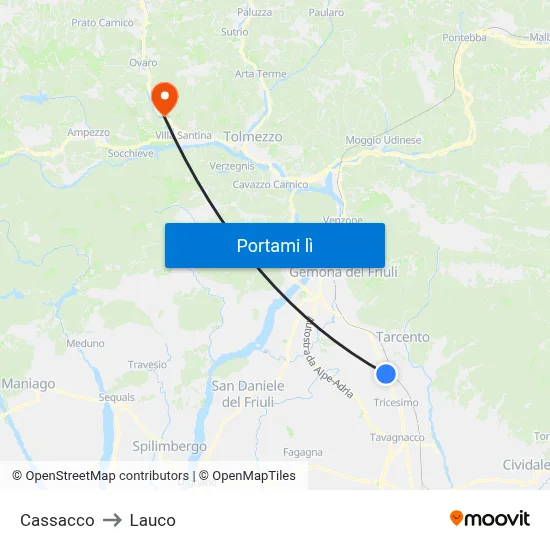 Cassacco to Lauco map