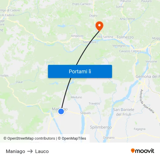 Maniago to Lauco map