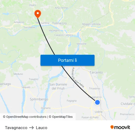 Tavagnacco to Lauco map