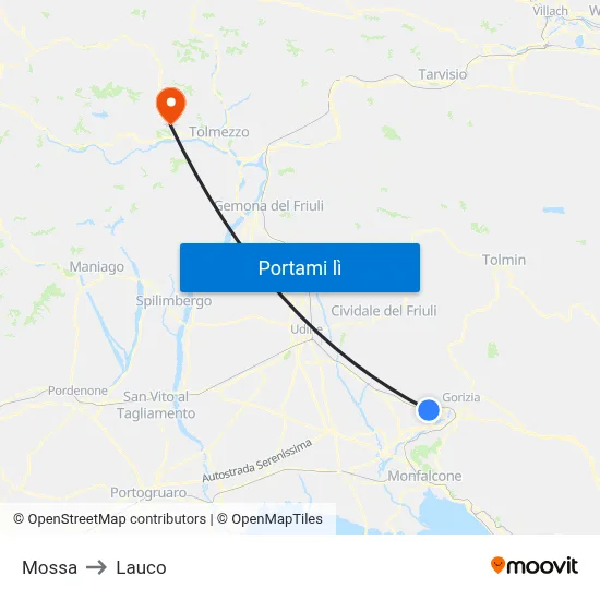 Mossa to Lauco map