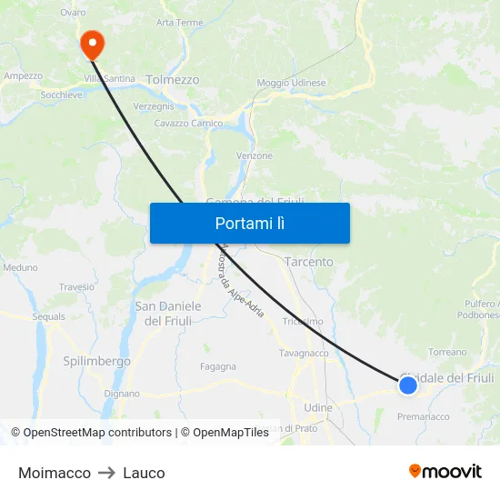 Moimacco to Lauco map