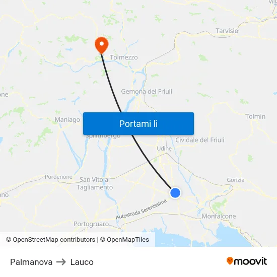 Palmanova to Lauco map