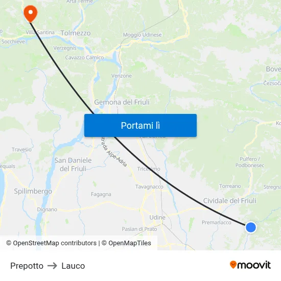 Prepotto to Lauco map