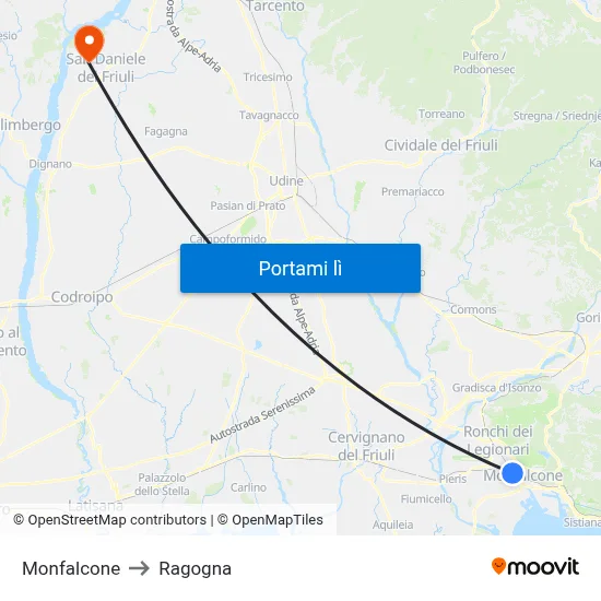 Monfalcone to Ragogna map