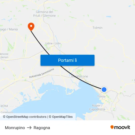 Monrupino to Ragogna map