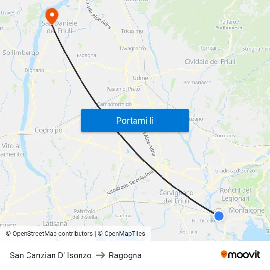 San Canzian D' Isonzo to Ragogna map