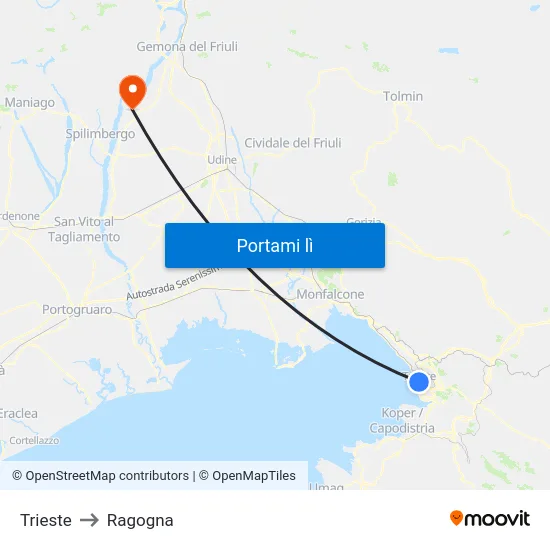 Trieste to Ragogna map