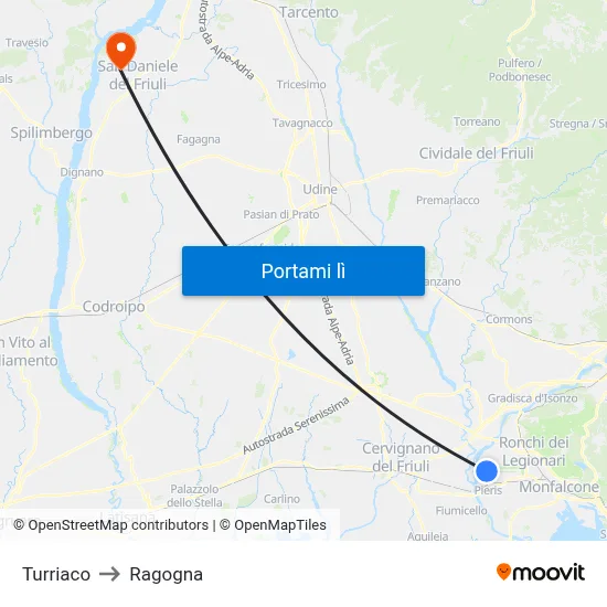 Turriaco to Ragogna map