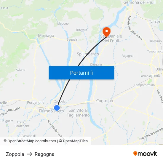 Zoppola to Ragogna map