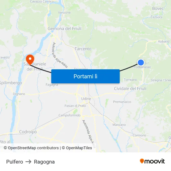 Pulfero to Ragogna map