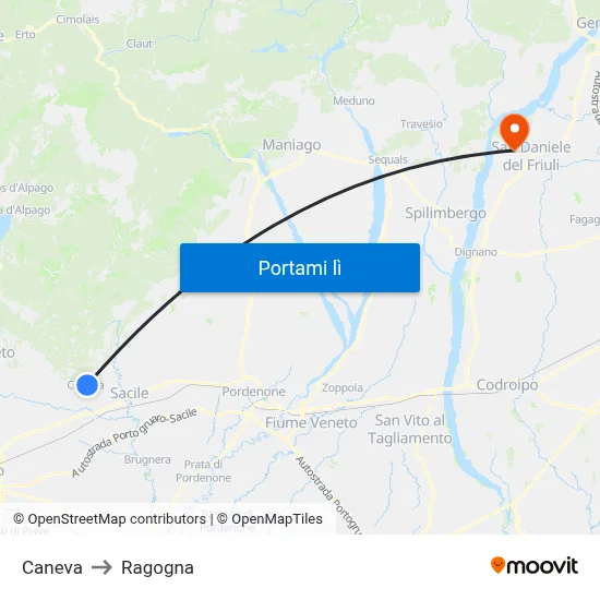 Caneva to Ragogna map