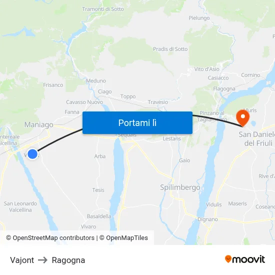Vajont to Ragogna map