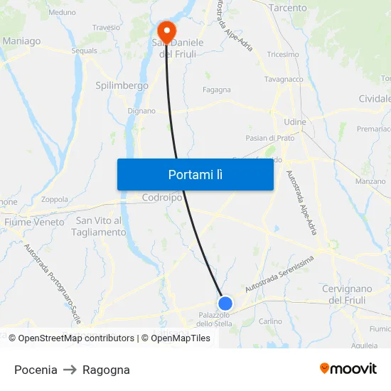 Pocenia to Ragogna map