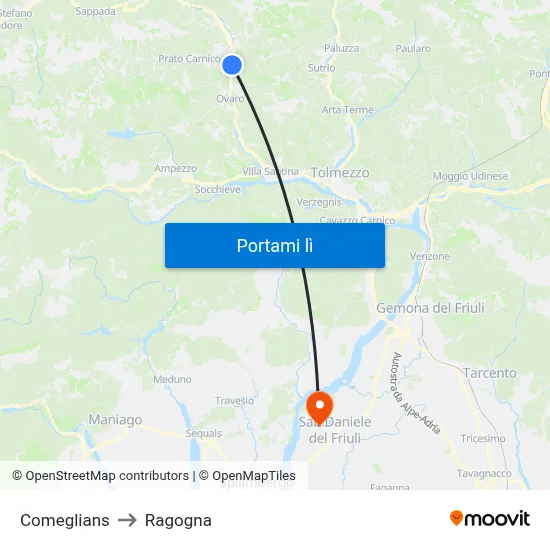 Comeglians to Ragogna map