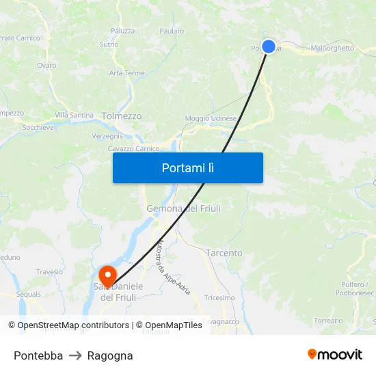 Pontebba to Ragogna map