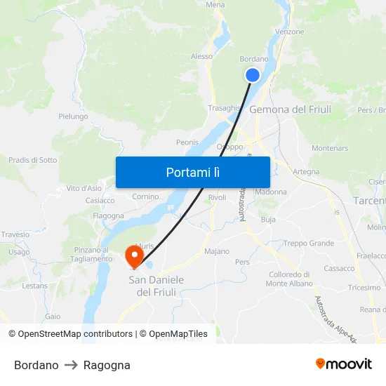 Bordano to Ragogna map