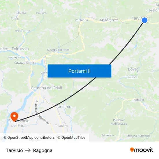 Tarvisio to Ragogna map