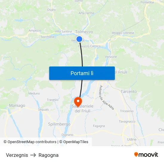 Verzegnis to Ragogna map