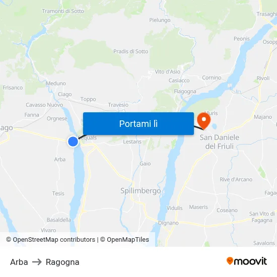 Arba to Ragogna map