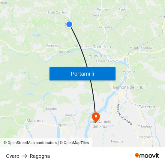 Ovaro to Ragogna map