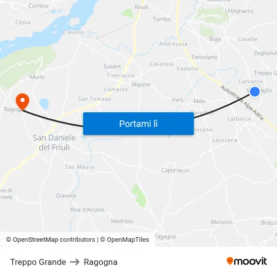 Treppo Grande to Ragogna map