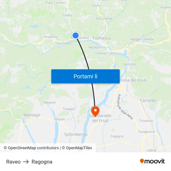 Raveo to Ragogna map