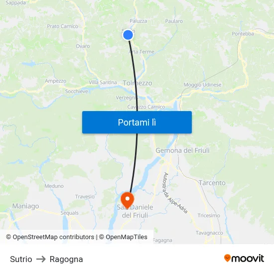 Sutrio to Ragogna map