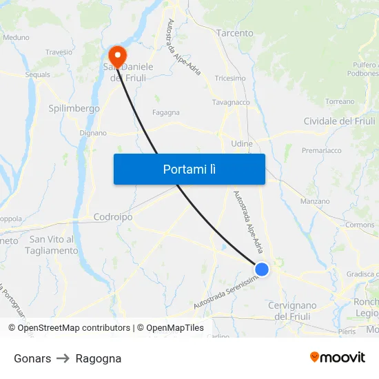 Gonars to Ragogna map