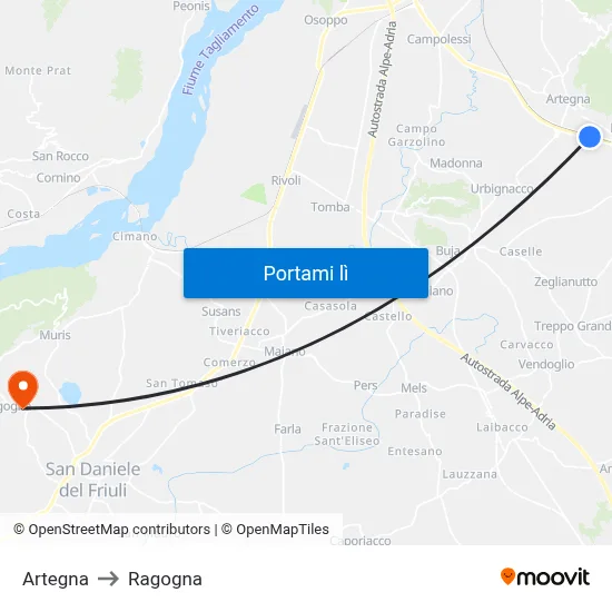 Artegna to Ragogna map