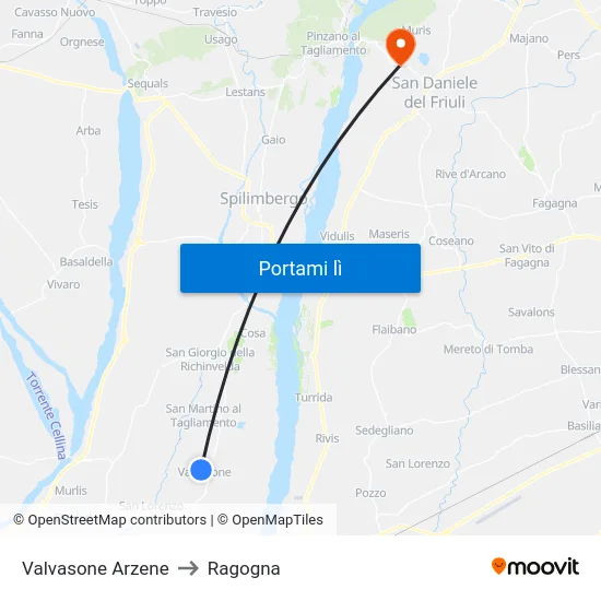 Valvasone Arzene to Ragogna map