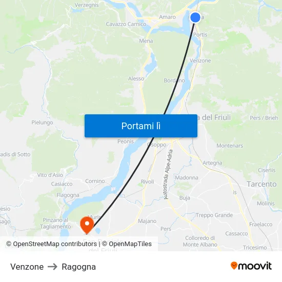Venzone to Ragogna map