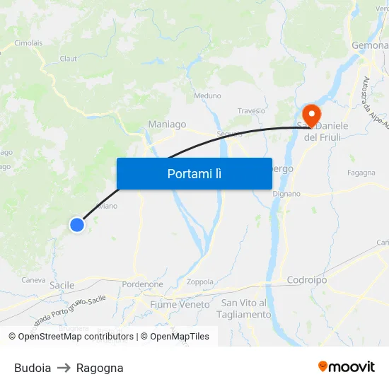 Budoia to Ragogna map