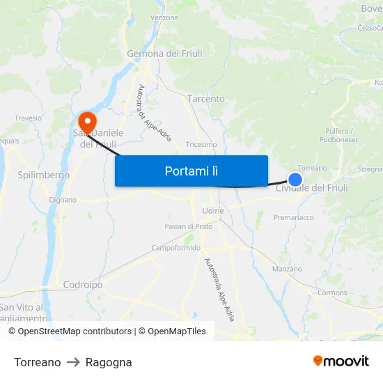 Torreano to Ragogna map