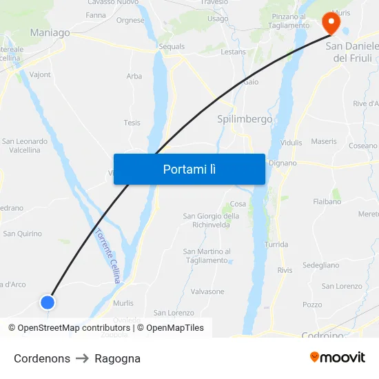 Cordenons to Ragogna map