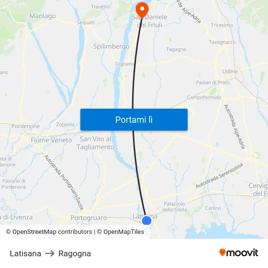 Latisana to Ragogna map