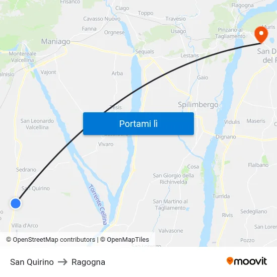 San Quirino to Ragogna map