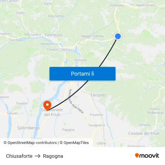 Chiusaforte to Ragogna map