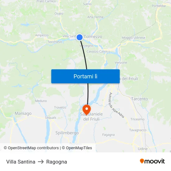Villa Santina to Ragogna map