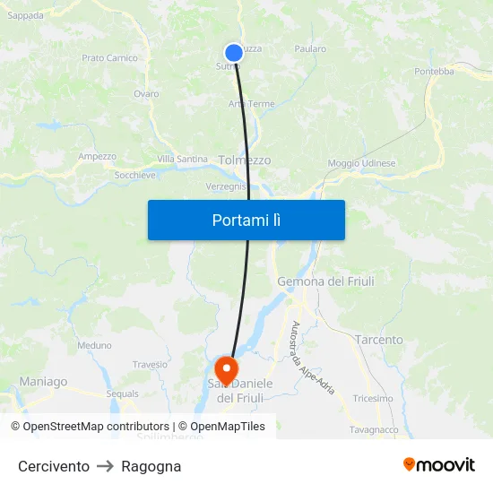 Cercivento to Ragogna map