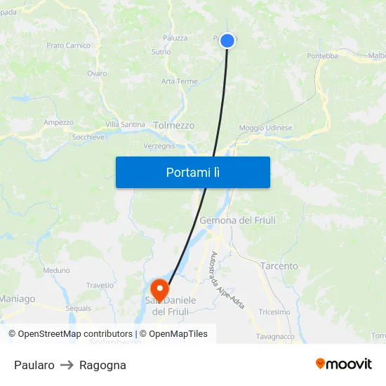 Paularo to Ragogna map