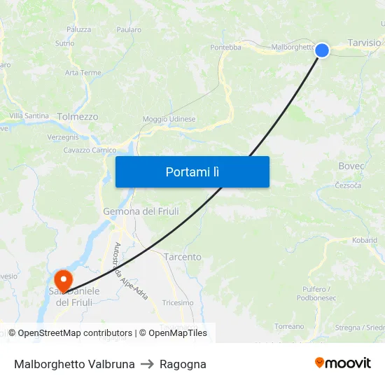 Malborghetto Valbruna to Ragogna map