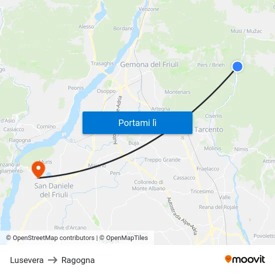 Lusevera to Ragogna map