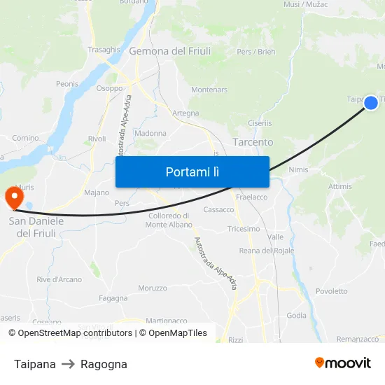 Taipana to Ragogna map