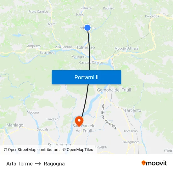 Arta Terme to Ragogna map