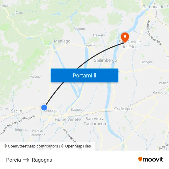 Porcia to Ragogna map
