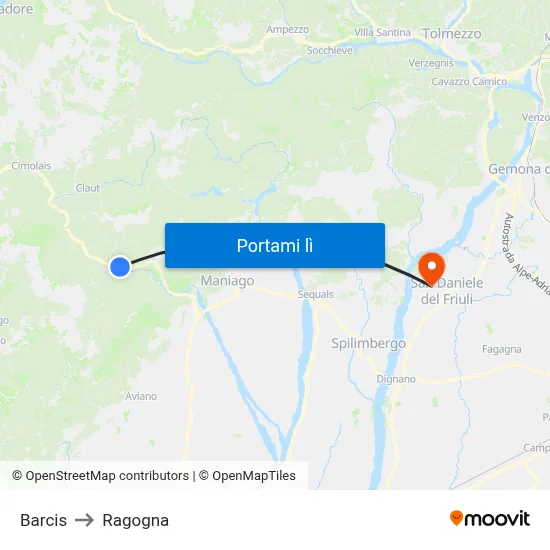 Barcis to Ragogna map