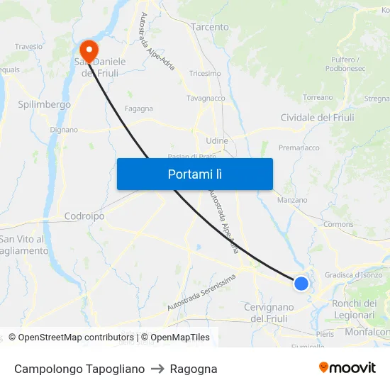 Campolongo Tapogliano to Ragogna map