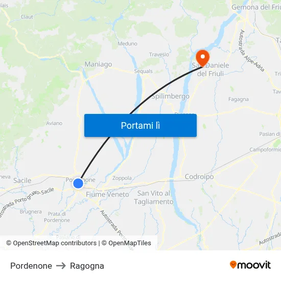 Pordenone to Ragogna map