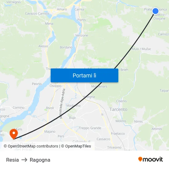 Resia to Ragogna map